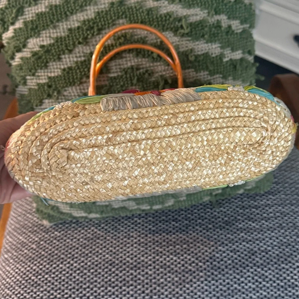 Colorful vintage Floral Straw Tote Bag with Orange Handles